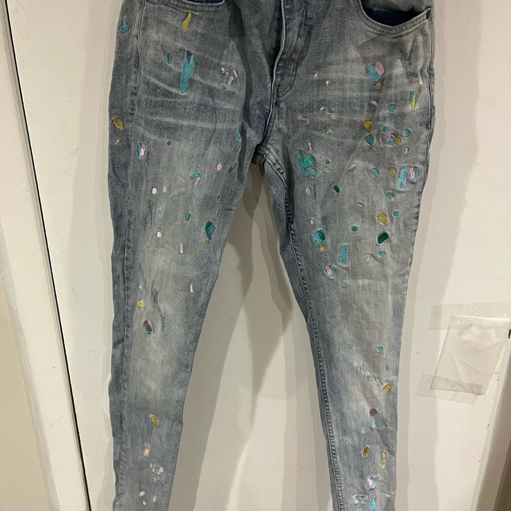 Mens 32” Se’Renede Paint Splatter Blue Jeans